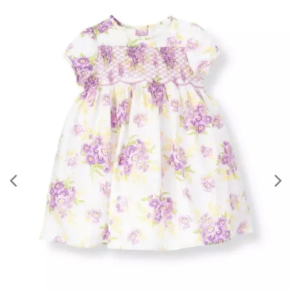 Janie & Jack Girls' 3-6 Month Pansy Hand Smocked Floral Dress Purple Yellow