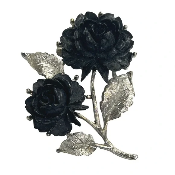 Gothic Black Rose Double Flower Brooch Pin OS Silver Black Dark Romantic Grunge
