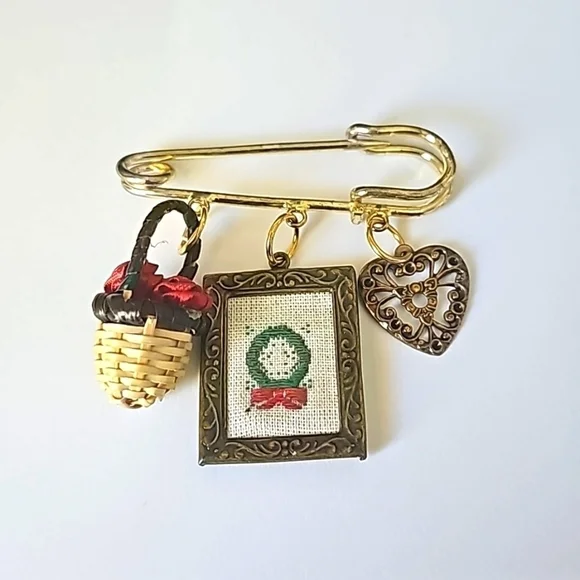 Safety Pin Dangling Charm Brooch Pin 2.75