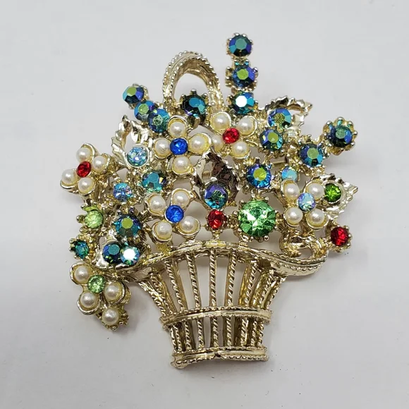 Vintage Multi colored rhinestone floral basket metal brooch**Missing stones
