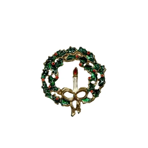 Vintage Christmas Wreath Brooch Candle Bow Holly Red Green White Enamel
