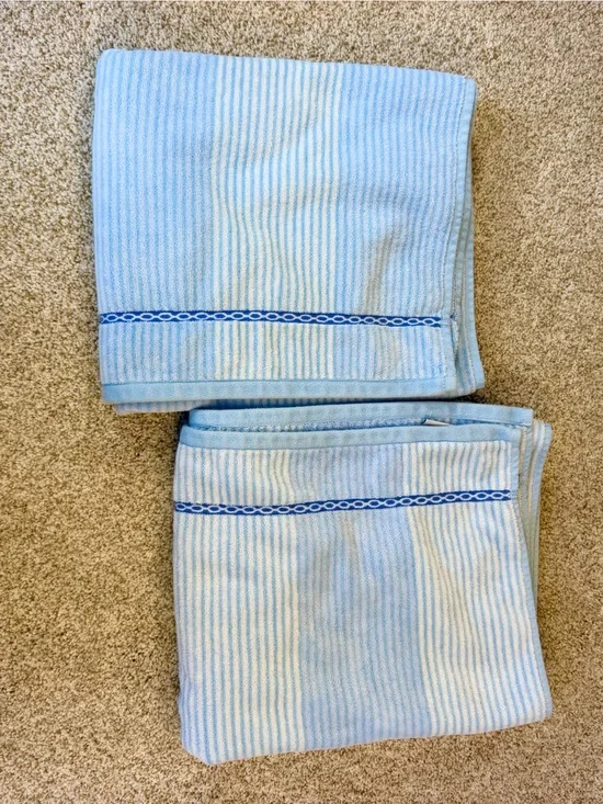 Vintage Bianca Jacquard Soft 100% Cotton 2Pc Bath Towels Portugal Blue Stripe