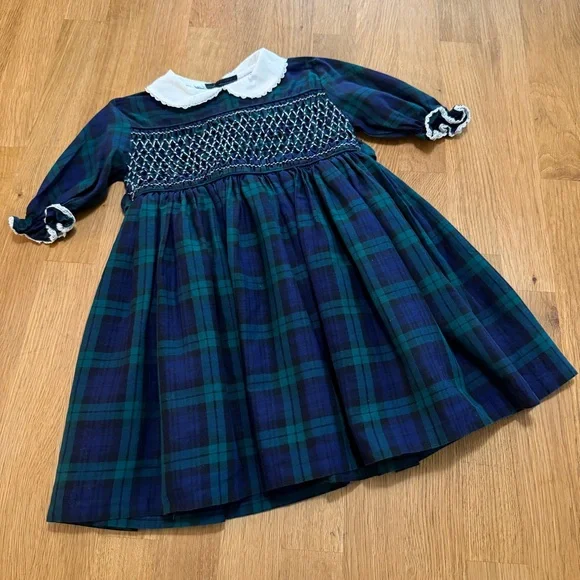 Polly Flinders 3T Blue Green Tartan Plaid Long Sleeve Dress Hand Smocked