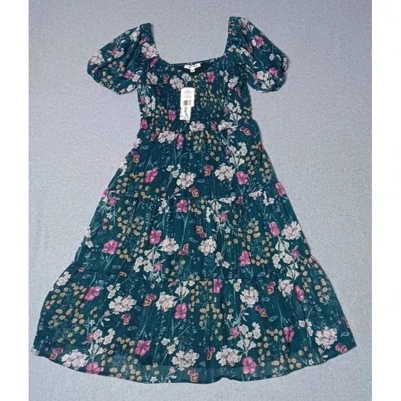 NWT! Lily Rose Smocked Tiered Maxi Dress Juniors Large Jade Blossom Green Puffed
