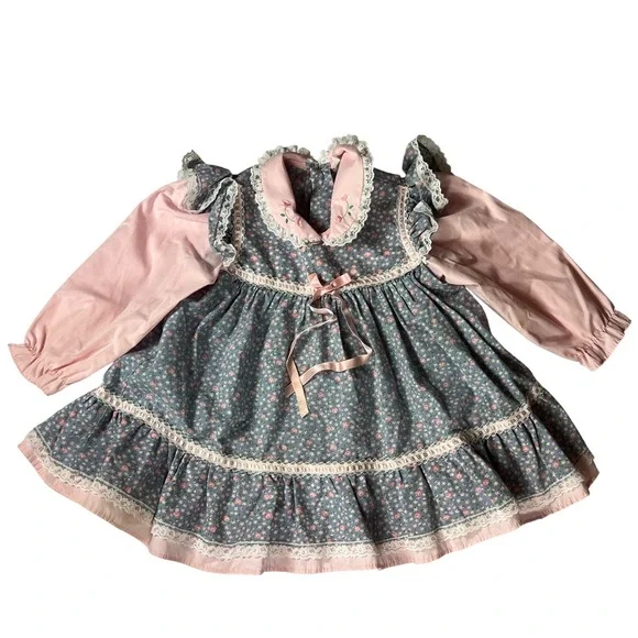 Vintage Floral Prairie Dress Toddler Size 3T Pink Blue Lace Trim Embroidered