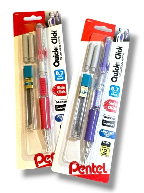Quick Click 0.7mm Mechanical Pencil with Extra Lead & Erasers — Pink and Purple