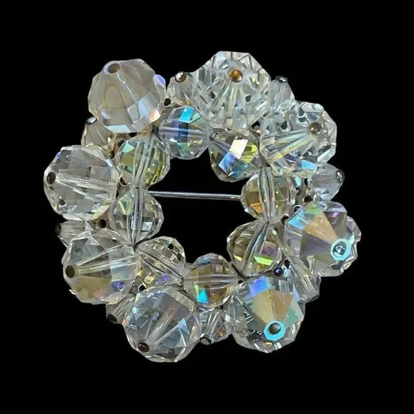 Vintage AB Crystal Bead Circle Brooch Pin 50’s