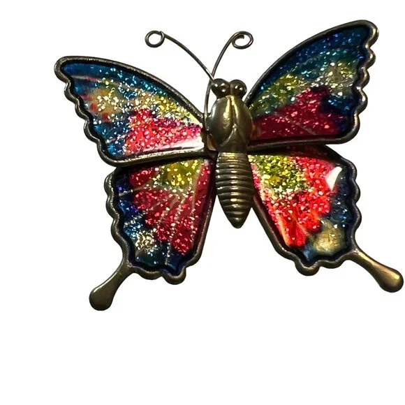 Vintage Butterfly Brooch Blue Pink Enamel and Glitter‎ Pin