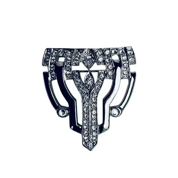 Vintage Silver Tone and Crystal Brooch Pin Art Deco Style 1950's 1.5 in x 2 in