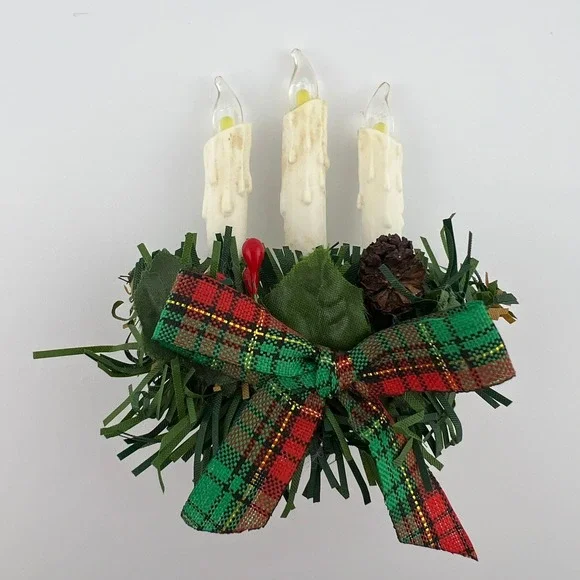 Vintage Flickering Candle Brooch Christmas Pin Works Light Up Plaid Bow Holly