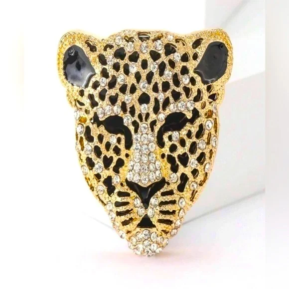 ✨Gold and Black Crystal Leopard Head Brooch - Women Jewelry