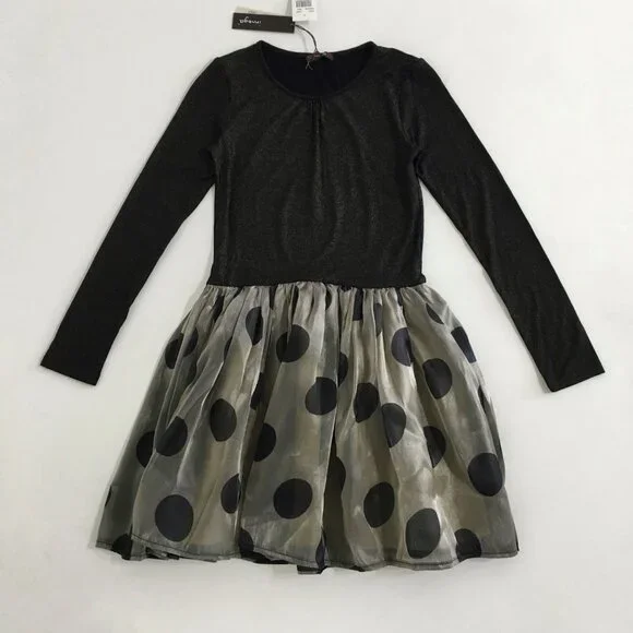 IMOGA Girls Size 12 Fit & Flare Polka Dot Party Dress Black/Gold Glitter NWT