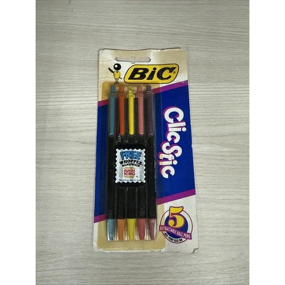 Vintage 1991 Bic Clic Stic 5 Pack‎ Pens, Blue Ink, Neon Bodies, Medium Point