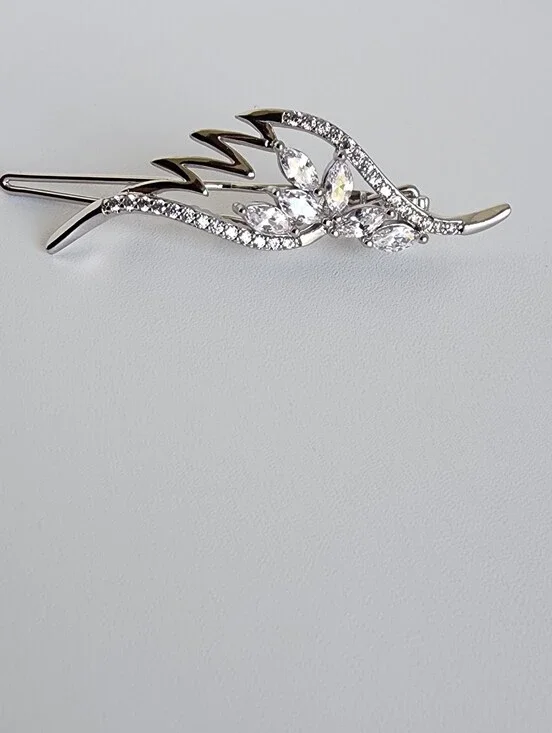 Silver Plated Crystal Leaf Hair Barrette Rhinestone French Hair Clip
