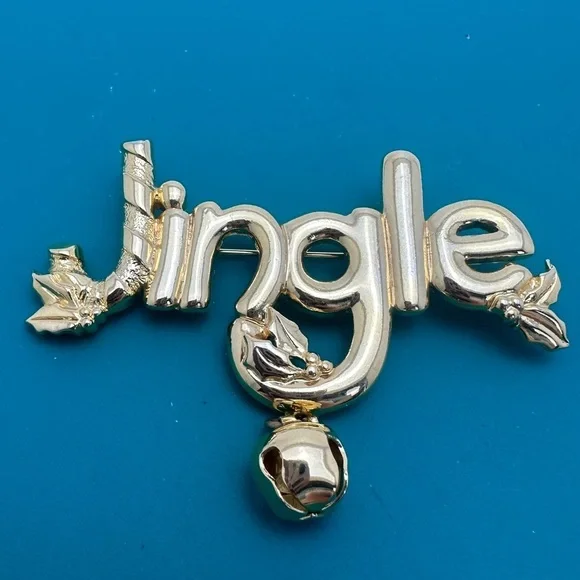 Vintage Jingle Bells Brooch Pin Badge Gold Color Metal Christmas Holiday