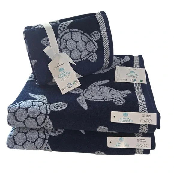 Caro Home Coastal 4pc Sea Turtles‎ Blue Cotton Towel Set 2Bath 2Hand Reversible
