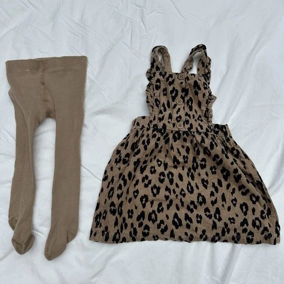 Baby Toddler Girls Leopard Cheetah Overall Dress Sz 24months 2 Piece Set Tights