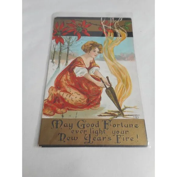 Vintage New Year's Postcard posted written Fire Poinsettia 1910