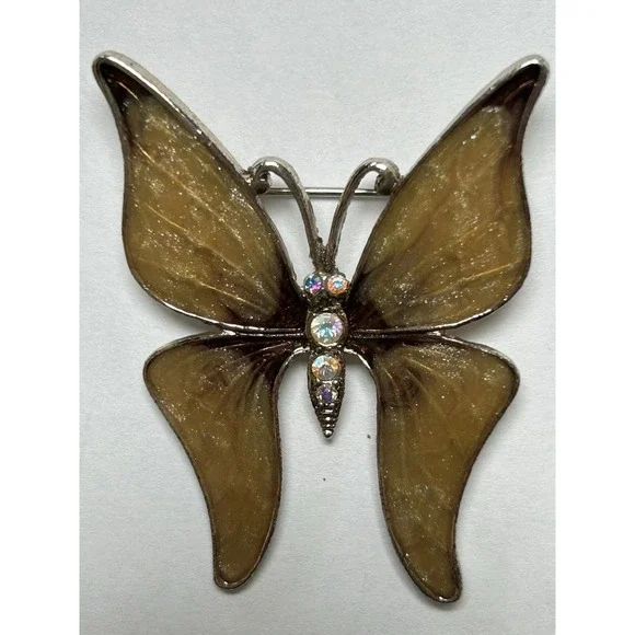 Vintage Enamel And Iridescent Rhinestone Butterfly Brooch