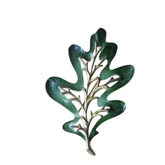 Sarah Coventry Vintage Green‎ Enamel Oak Leaf Brooch Gold Tone Nature Pin 2.75