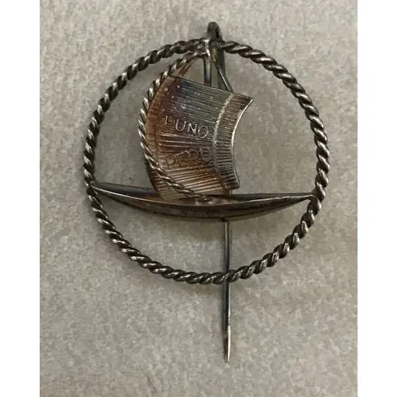 Vintage Silverplate Saga Puno Peru Sailboat Pin Brooch Jewelry Travel Souvenir