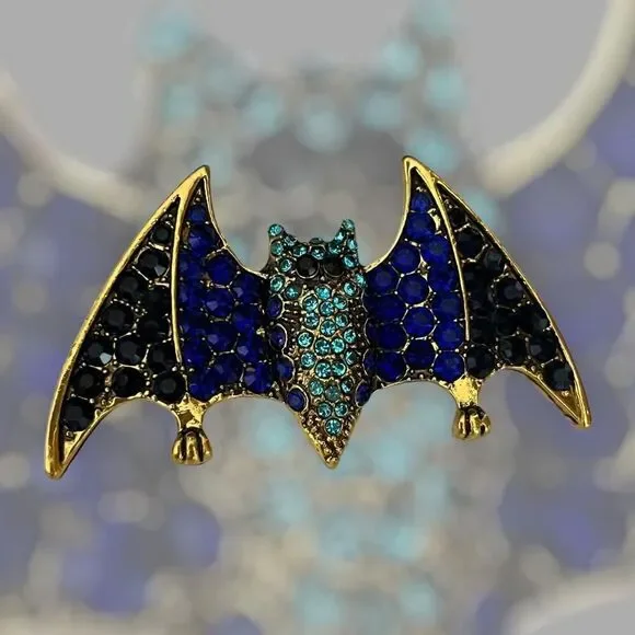 Stunning Elegant Halloween Bat Pin  - Sparkling Rhinestone Brooch BLUE/GOLD