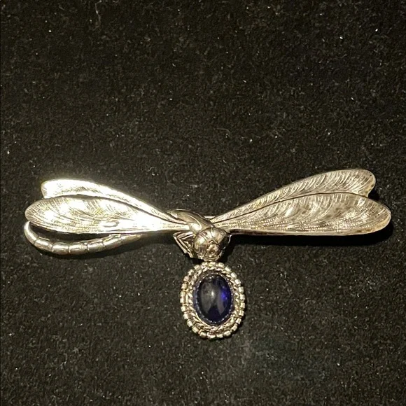 Silver Dragonfly Brooch with Blue Gemstone