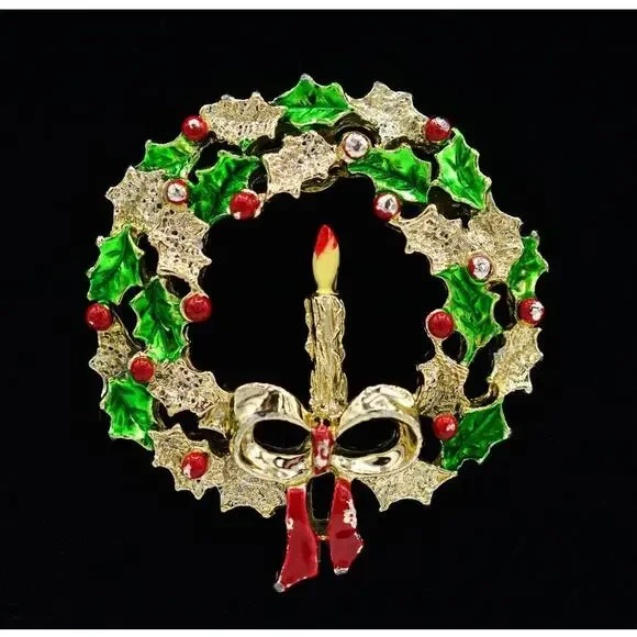 Gerry's Vintage Wreath Pin Brooch Christmas Candle Holiday Signed 1980s 9B