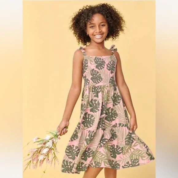 Children’s Place Girls Size 7/8 Tropical Monstera Pink Green‎ Summer Dress