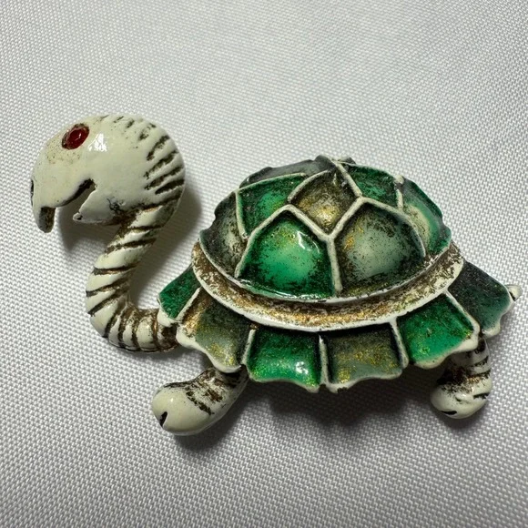 Vintage Enamel Turtle Brooch Green Shell Rhinestone Eye Mid Century Figural