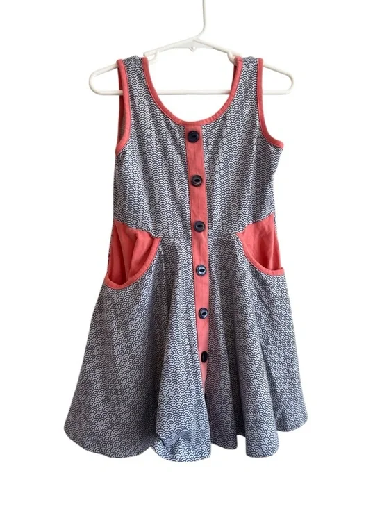 Serendipity Girls Dress Size 4/5 Boutique Button Front Pink Blue Pattern Dress
