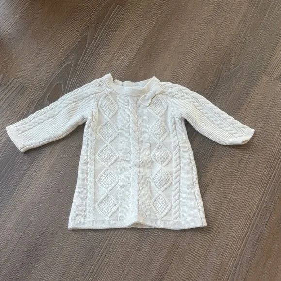 Jacadi cream cable knit bow embellished baby girl cotton wool blend dress 6m