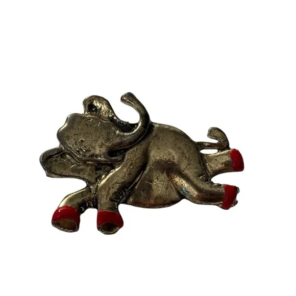 VTG Lazy Elephant Brooch Pin Gold Tone Red Enamel Shoes Figural Unique MCM Funny