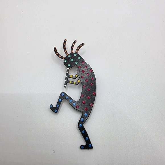 Vintage Kokopelli Flute Player Black Metal Brooch Pin Multi Color Polka Dots