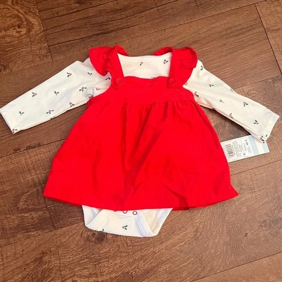 NWT baby girl 2 two piece Christmas dress set 0-3 3-6 month red white