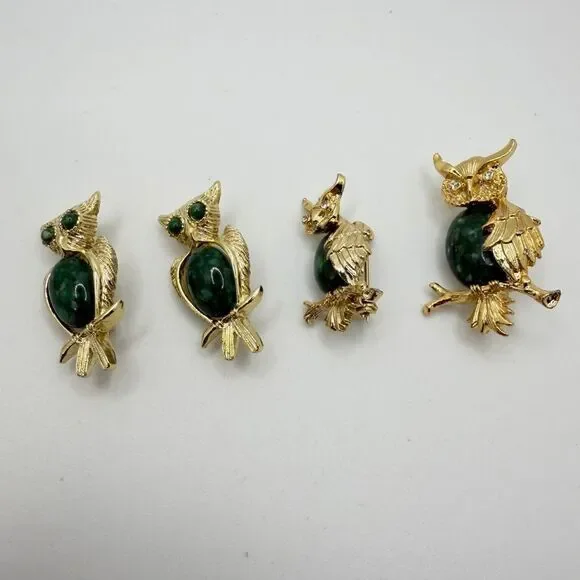 A set of‎ 4 Gerry's stamped Owl pins w/ acrylic green accents in gold tone!
