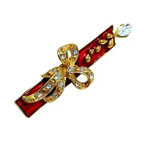 Christmas Brooch festive holiday candle gold & red enamel & clear rhinestones