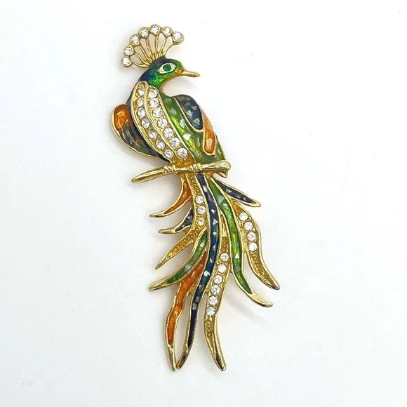 Vintage Enamel Peacock Brooch Gold Tone Rhinestone‎ Bird Statement Pin