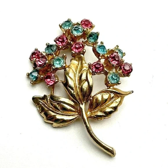 Vintage Floral Rhinestone Brooch‎ Pink Teal Gold Tone Mid Century 1940s 50s
