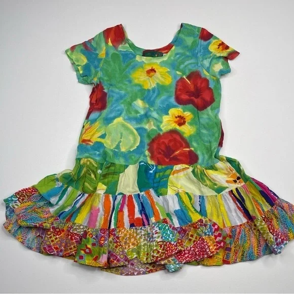 Jams World Dress Royal Hibiscus Rayon Hawaiian Summer Floral Girly Patchwork Med