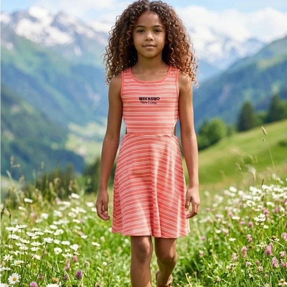 NWOT Btween Girls Girls Coral Stripes Side Cut Out Sleeveless Dress - Size 12