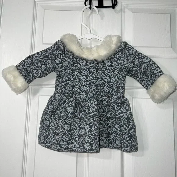 Janie and Jack Baby Girl Grey Dress with Fur Collar and Cuffs Size 6-12 Months
