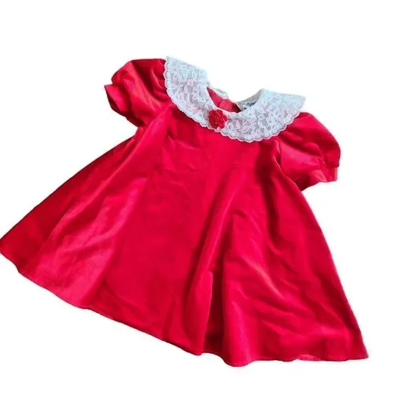 Vintage The Little Trotter Dress 6X Red Velour Lace Collar