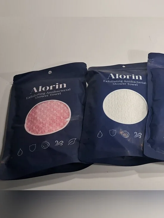 Alorin Exfoliating Antibacterial Shower Towel - Pink, White, Blue