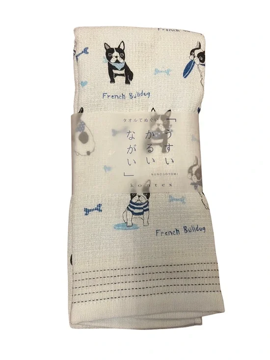 Kontex French Bulldog Cotton Bath Towel - White with Blue Accent