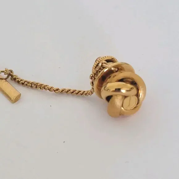Dunhill Tie Necktie Pin Tack Clasp Knot Gold Tone Logo Designer Round Vintage
