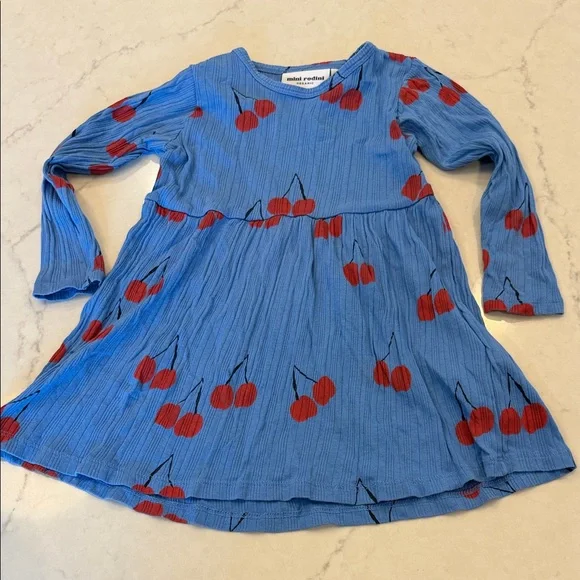 Mini Rodini Blue‎ Dress with Red Cherry Print Size 92/98