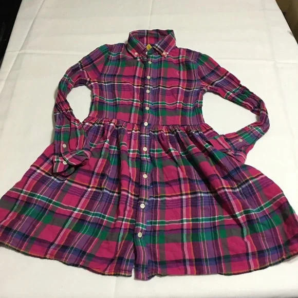Polo Ralph Lauren Plaid Dress Kids 10 Pink Long Sleeve Button Front