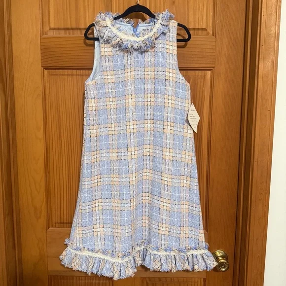 Blueberi Boulevard Boucle Blue and Cream Plaid Tweed Sleeveless Dress 16