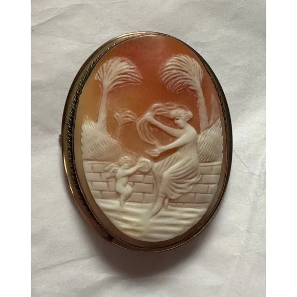 Victorian Carved Shell Cameo Brooch Cupid & Dancer